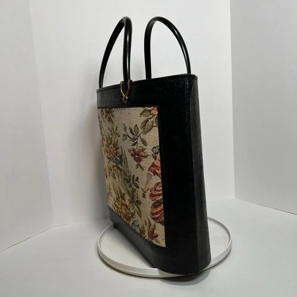 Vintage Handbag‎ Black with Tapestry Front craft bag hard side purse granny bag